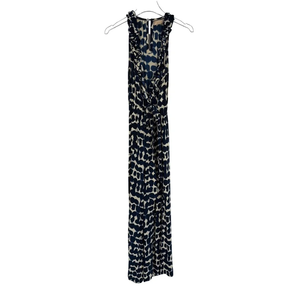 Beachgold Blue Abstract Print Ruffle V-Neck Wide Leg Jumpsuit Small Boho Resort